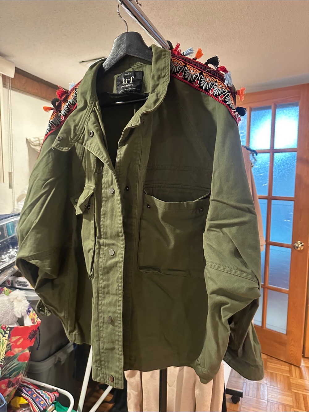 Military Green Jacket with Embroidered Trim